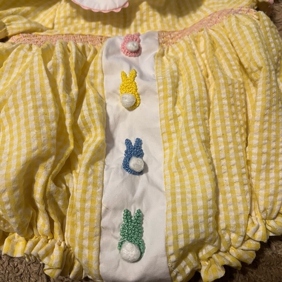 Smocked Flamingo Yellow Gingham Baby Romper with Bunny Accents - Picture 4 of 4